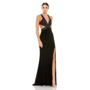 NEW Mac Duggal Women's Black Crystal Embellished Halter Cutout Gown Size 10 NWOT